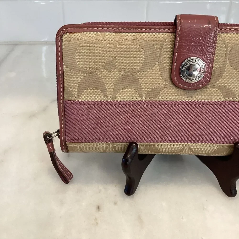 Coach Wallet Canvas Pink Tan Jacquard Signature Stripe Logo Full Sized Wallet